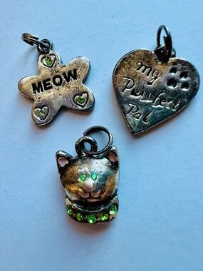 Lot of 3 Cat Kitty Meow Charms NWOT As Is Rhinestone Perfect Pet